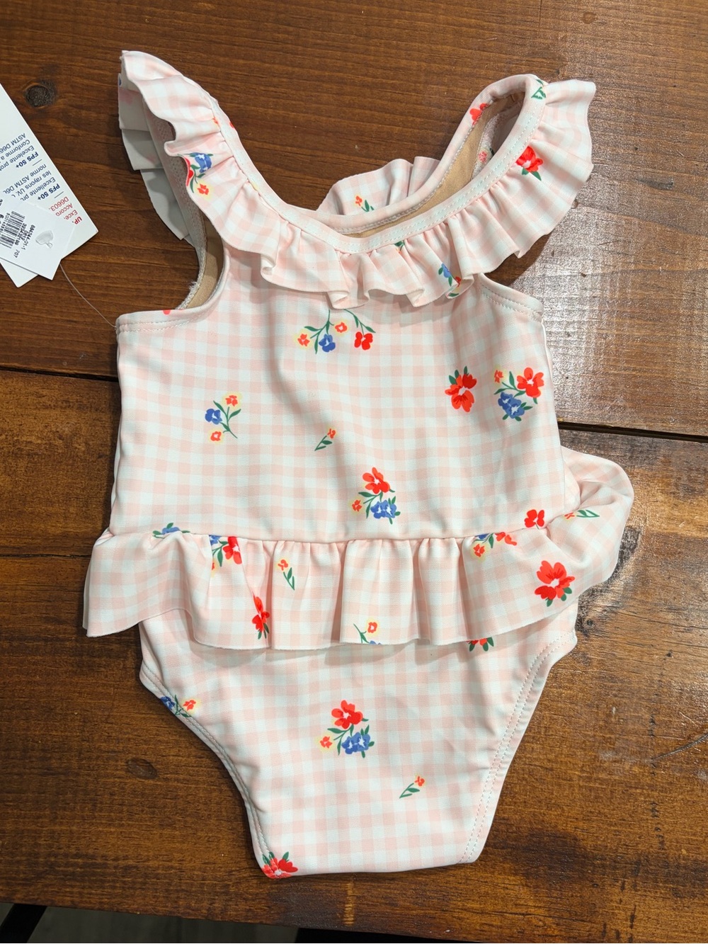 Old Navy Pink Gingham Floral Ruffle One-Piece Swimsuit - Picture 2 of 3